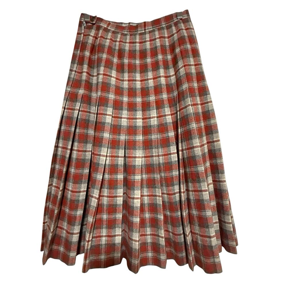 VTG Pendleton Plaid Skirt 100% Virgin Wool Orange Midi Pleated 26" High Rise USA